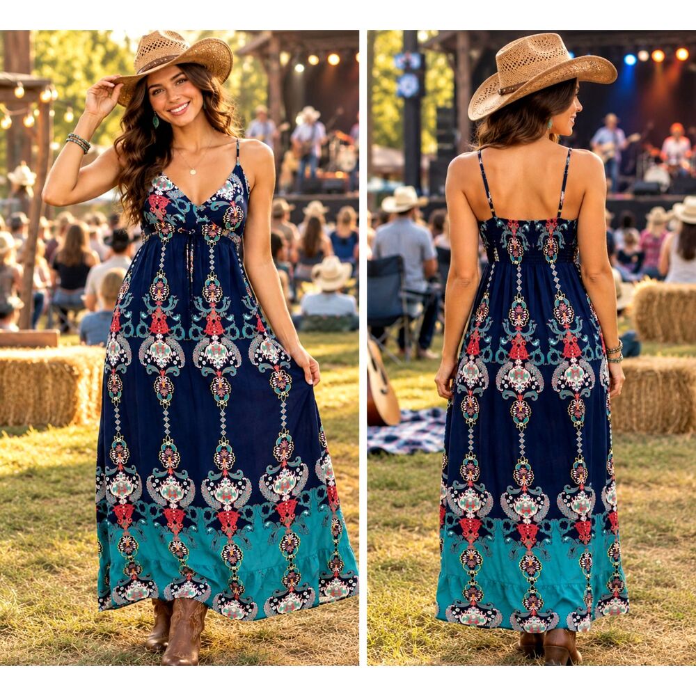 Xhilaration Women M Boho Paisley Adj Spaghetti Strap Maxi Dress Festival #24